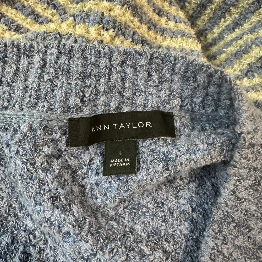 Ann Taylor Denim Striped Cardigan Gold Button Sweater Jacket Metallic Blue White - Picture 12 of 13